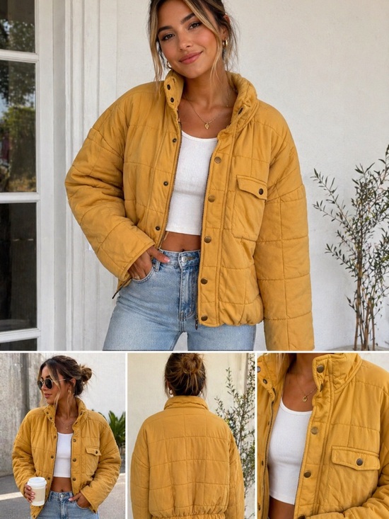 O'Neill Jackets & Blazers - O’Neill Mustard Yellow Quilted Puffer Jacket Size Small Cropped Snap Zip Coat